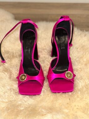 Fuchsia Versace Satin Ankle-Strap Heels with Gold Medallion